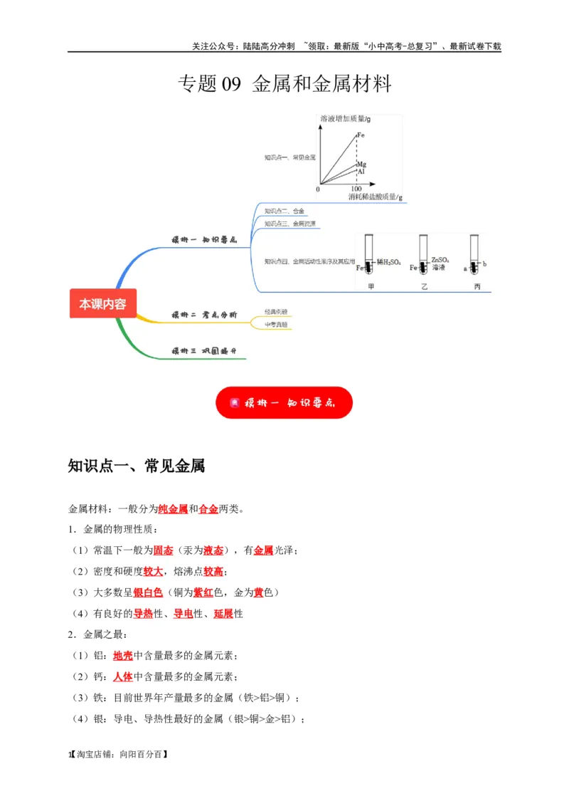 专题09金属和金属材料（解析版）_02中考总复习（2026版更新中）_05-化学-中考总复习_2024年中考复习资料_一轮复习资料_完2024年中考化学复习考点一遍过（全国通用）