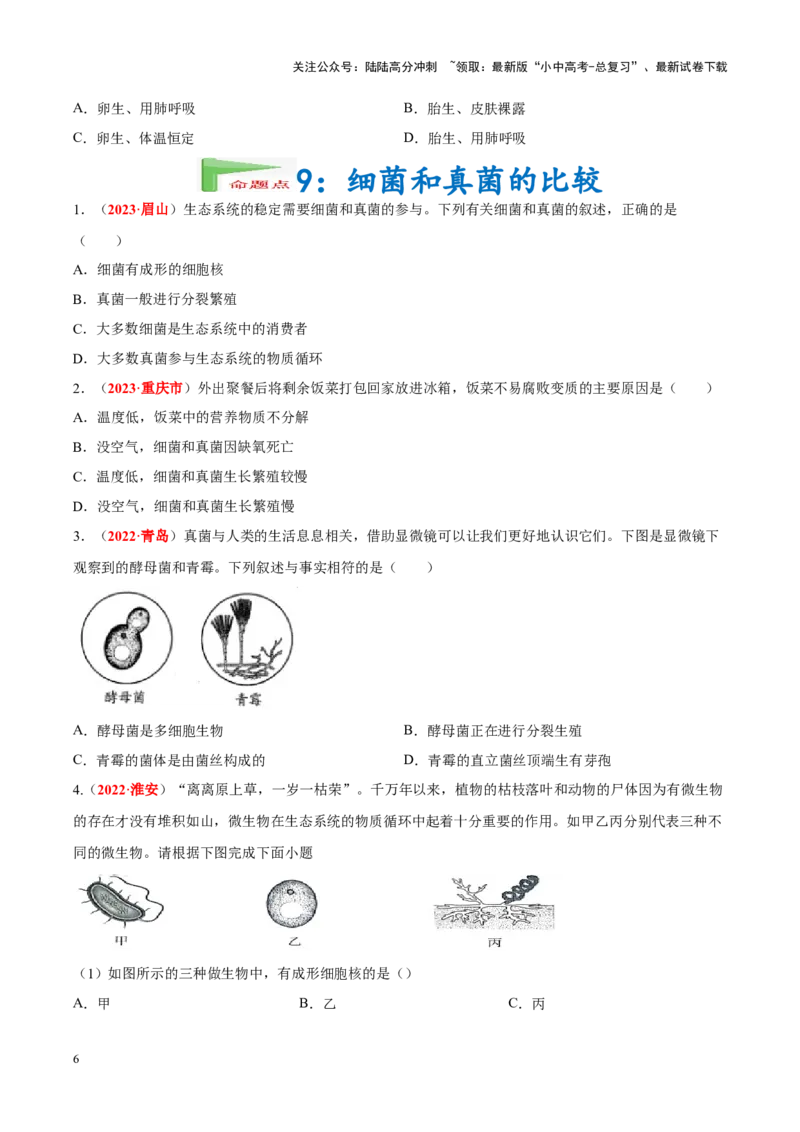 专题10&nbsp;植物、动物和微生物类群（原卷版）_02中考总复习（2026版更新中）_08-生物-中考总复习_2024年中考复习资料_专项复习_完三年（2021-2023）中考生物真题分项汇编（全国通用）