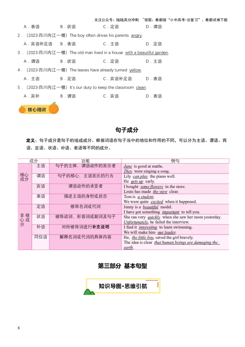 专题09句子种类、句子成分和基本句型（讲练）（原卷版）_02中考总复习（2026版更新中）_03-英语-中考总复习_2025中考复习资料_2025中考二轮课件ppt+讲义+练习英语_讲义+练习