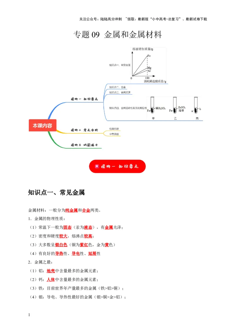 专题09金属和金属材料（解析版）_02中考总复习（2026版更新中）_05-化学-中考总复习_2024年中考复习资料_专项复习资料_2024年中考化学复习考点一遍过（全国通用）