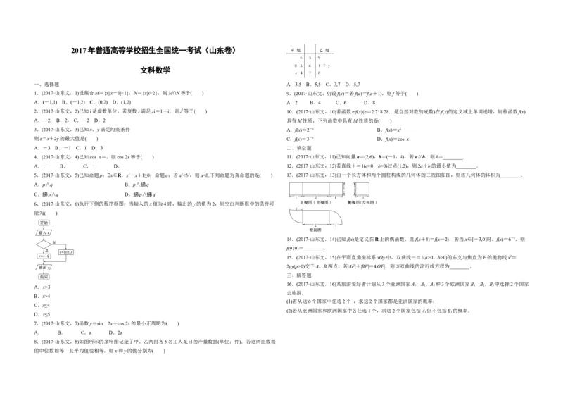 2017年高考真题数学文（山东卷）（解析版）_全国卷+地方卷_2.数学_1.数学高考真题试卷_2008-2020年_地方卷_山东高考数学08-22_A3版