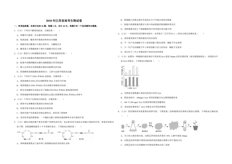 2018年江苏省高考生物试卷_全国卷+地方卷_6.生物_1.生物高考真题试卷_2008-2020年_地方卷_江苏高考生物07-20_A3word版_PDF版（赠送）