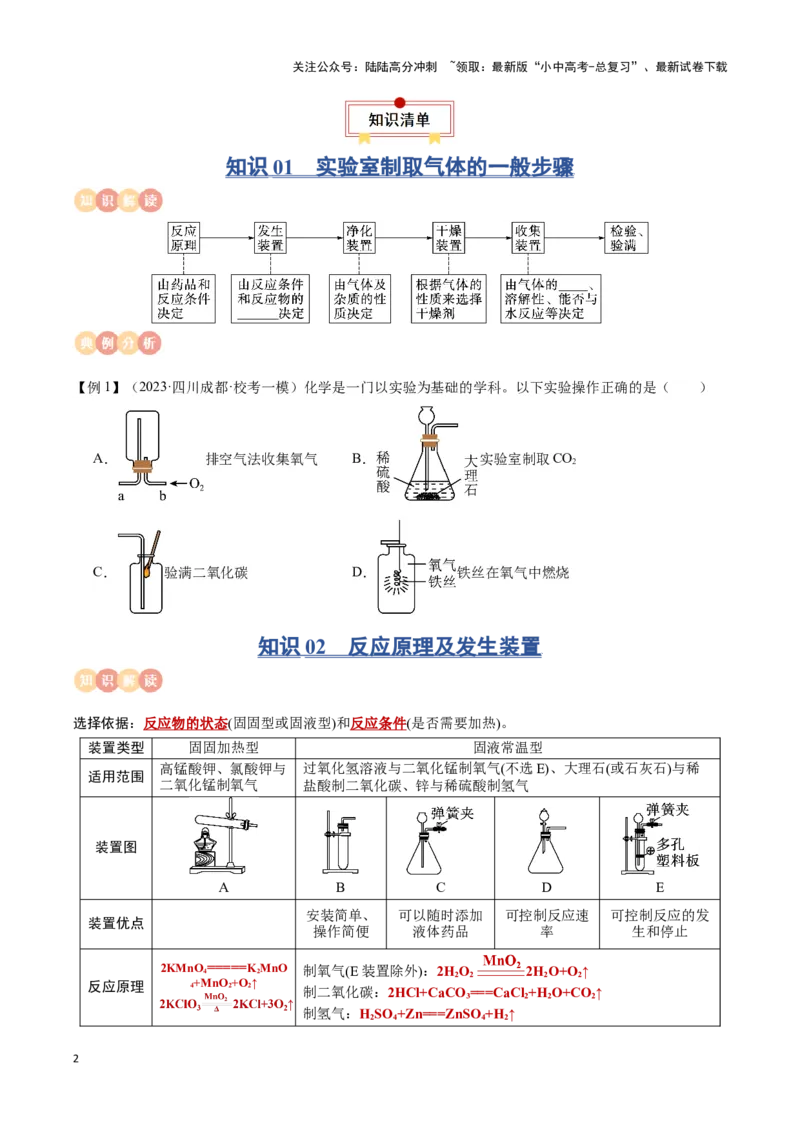 专题12常见气体的制取与净化（原卷版）_02中考总复习（2026版更新中）_05-化学-中考总复习_2024年中考复习资料_一轮复习资料_完口袋书2024年中考化学一轮复习知识清单