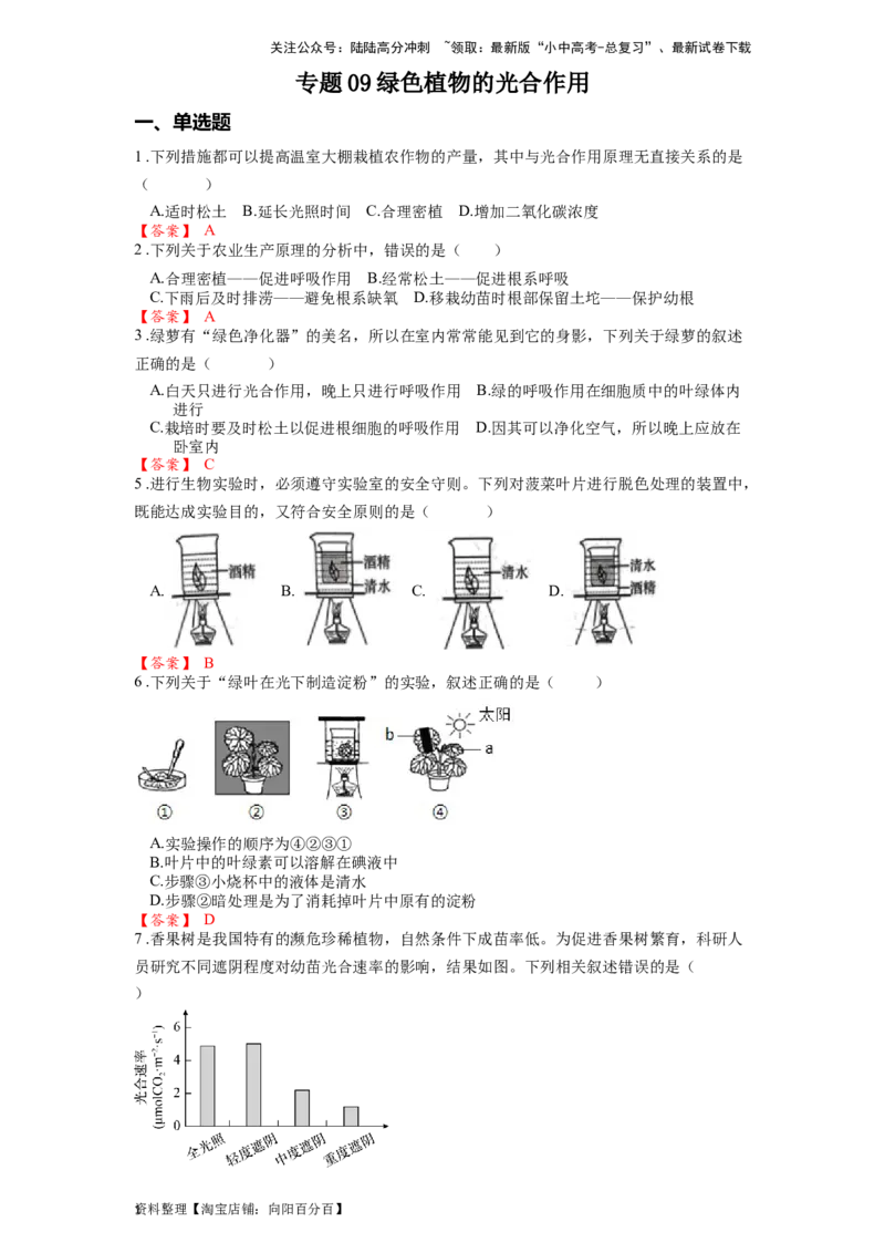 专题09绿色植物的光合作用（解析版）_02中考总复习（2026版更新中）_08-生物-中考总复习_2024年中考复习资料_一轮复习_配套练习_教师版（含答案解析）