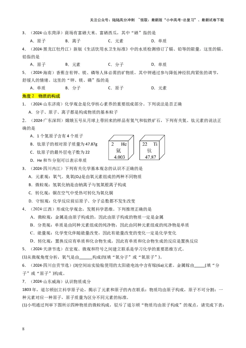 专题09物质组成的表示（原卷版）_02中考总复习（2026版更新中）_05-化学-中考总复习_2025年中考复习资料_备战2025年中考化学真题题源解密