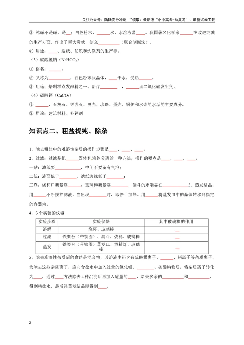 专题12盐和化肥（原卷版）_02中考总复习（2026版更新中）_05-化学-中考总复习_2024年中考复习资料_一轮复习资料_完2024年中考化学复习考点一遍过（全国通用）