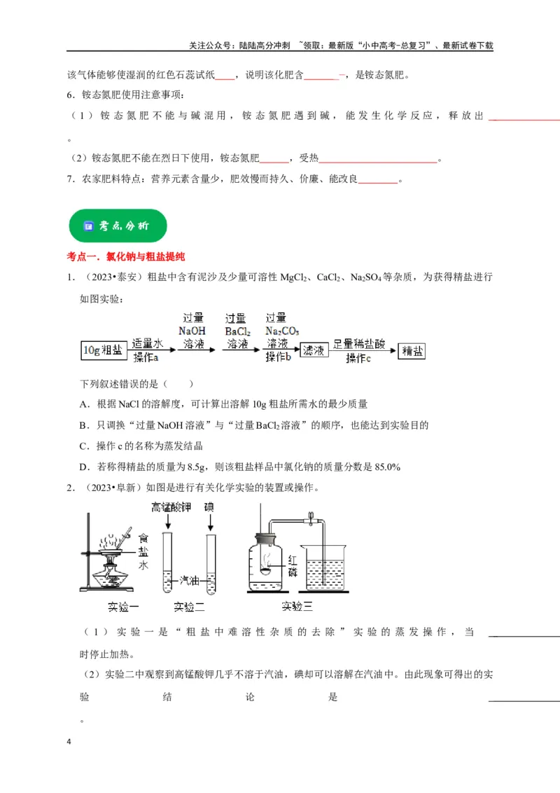 专题12盐和化肥（原卷版）_02中考总复习（2026版更新中）_05-化学-中考总复习_2024年中考复习资料_一轮复习资料_完2024年中考化学复习考点一遍过（全国通用）