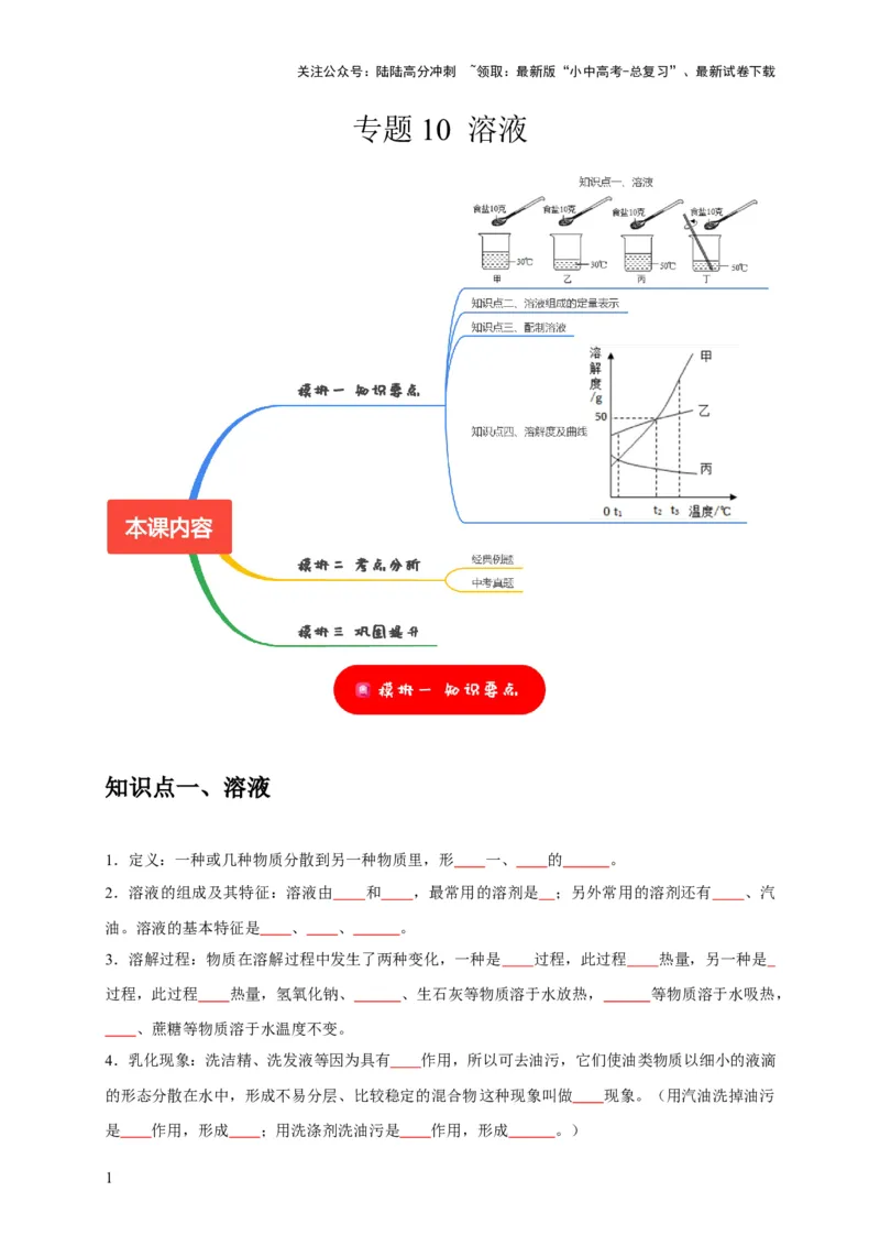 专题10溶液（原卷版）_02中考总复习（2026版更新中）_05-化学-中考总复习_2024年中考复习资料_专项复习资料_2024年中考化学复习考点一遍过（全国通用）