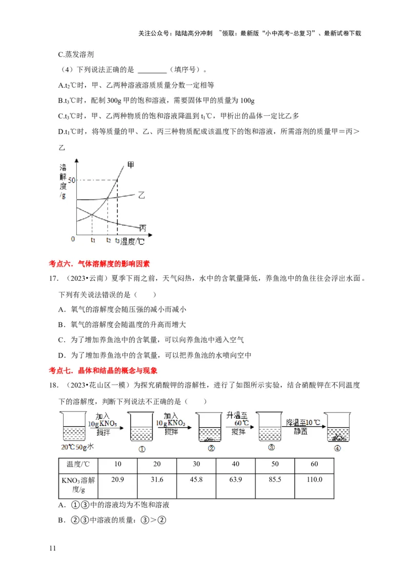 专题10溶液（原卷版）_02中考总复习（2026版更新中）_05-化学-中考总复习_2024年中考复习资料_专项复习资料_2024年中考化学复习考点一遍过（全国通用）