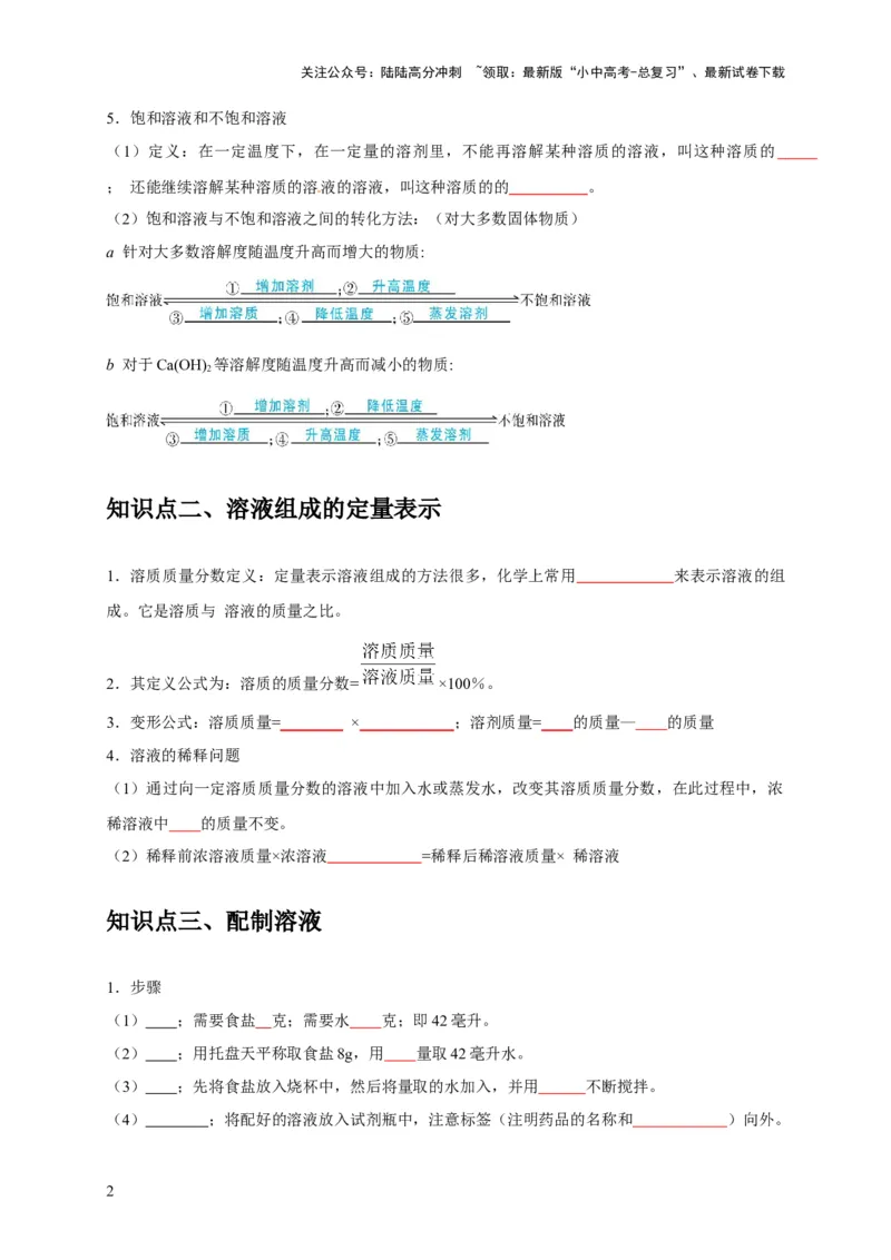 专题10溶液（原卷版）_02中考总复习（2026版更新中）_05-化学-中考总复习_2024年中考复习资料_专项复习资料_2024年中考化学复习考点一遍过（全国通用）