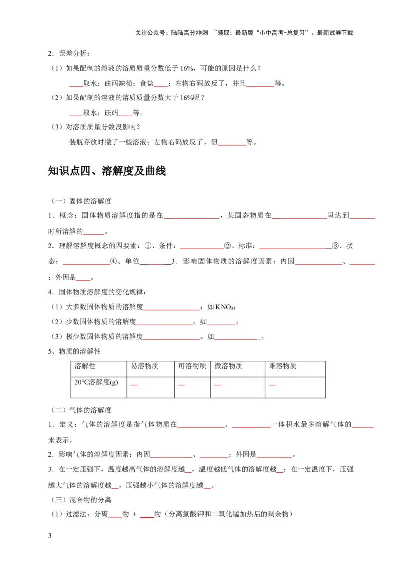 专题10溶液（原卷版）_02中考总复习（2026版更新中）_05-化学-中考总复习_2024年中考复习资料_专项复习资料_2024年中考化学复习考点一遍过（全国通用）