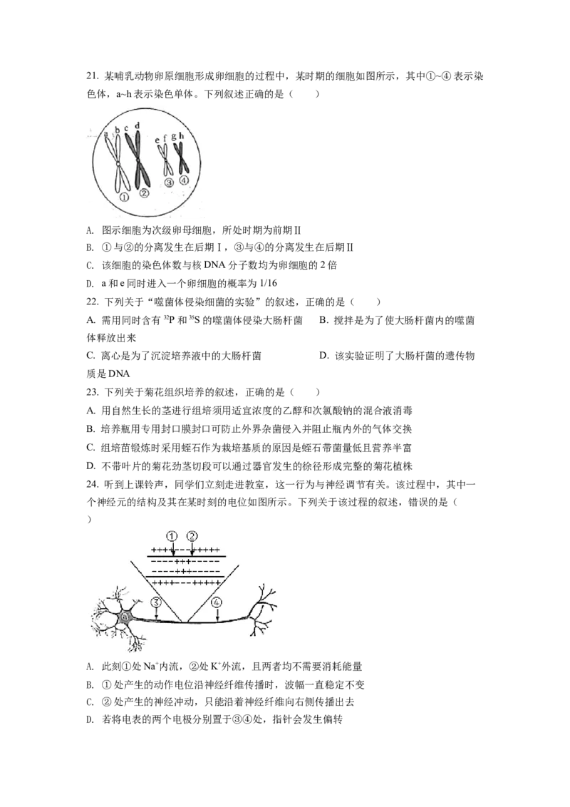 2022年6月新高考浙江生物高考真题（原卷版）_全国卷+地方卷_6.生物_1.生物高考真题试卷_2022年高考-生物_2022年浙江卷-生物