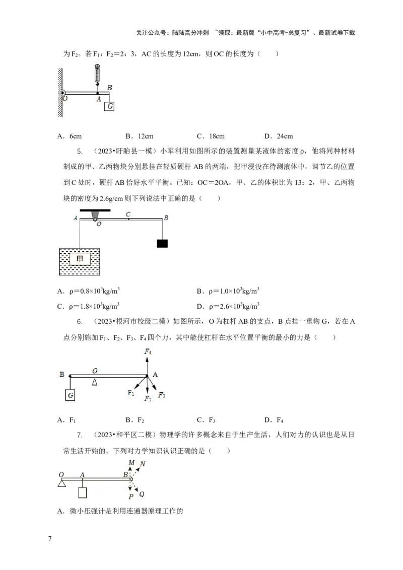 专题11杠杆的平衡条件动态平衡最小力分析（原卷版）_02中考总复习（2026版更新中）_04-物理-中考总复习_2024年中考复习资料_二轮复习