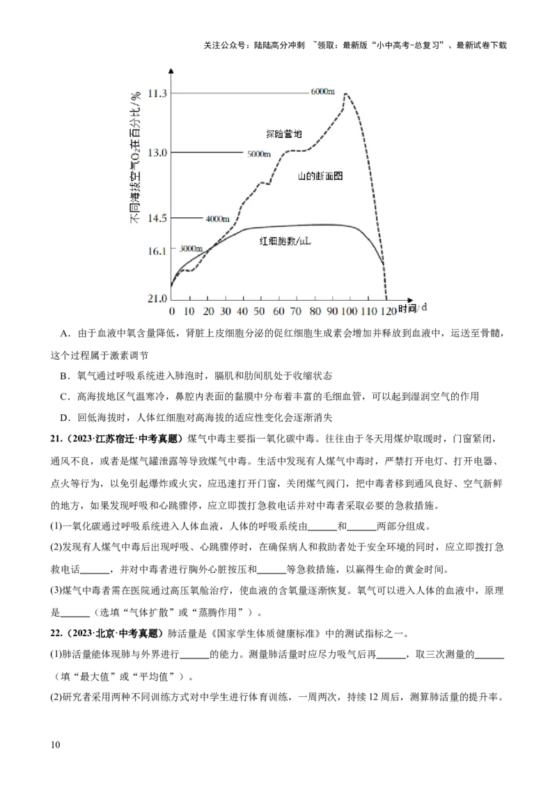专题11人体的呼吸（练习）（原卷版）_02中考总复习（2026版更新中）_08-生物-中考总复习_2024年中考复习资料_一轮复习_❤2024年中考生物一轮复习讲练测（全国通用）_练习
