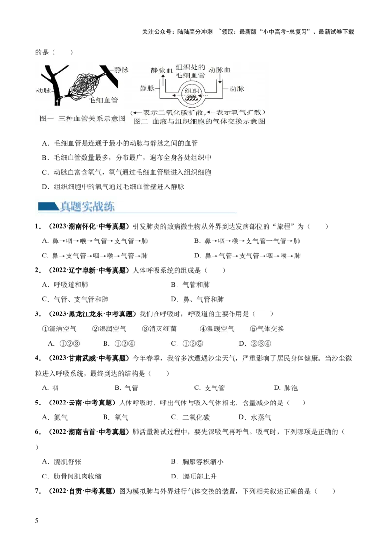 专题11人体的呼吸（练习）（原卷版）_02中考总复习（2026版更新中）_08-生物-中考总复习_2024年中考复习资料_一轮复习_❤2024年中考生物一轮复习讲练测（全国通用）_练习