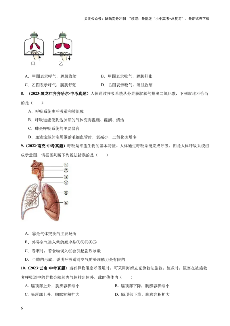 专题11人体的呼吸（练习）（原卷版）_02中考总复习（2026版更新中）_08-生物-中考总复习_2024年中考复习资料_一轮复习_❤2024年中考生物一轮复习讲练测（全国通用）_练习