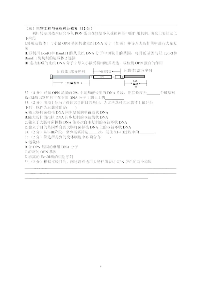 2020年上海市普通高中学业水平等级性考试生物试卷（pdf，有答案）_全国卷+地方卷_6.生物_1.生物高考真题试卷_2008-2020年_地方卷_上海高考生物真题01-20