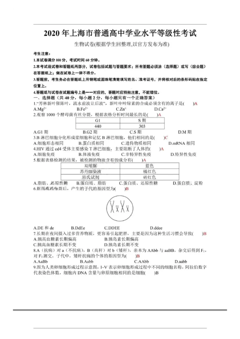 2020年上海市普通高中学业水平等级性考试生物试卷（pdf，有答案）_全国卷+地方卷_6.生物_1.生物高考真题试卷_2008-2020年_地方卷_上海高考生物真题01-20
