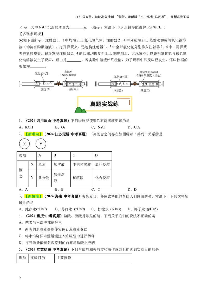 专题09常见的酸和碱（练习）（原卷版）_02中考总复习（2026版更新中）_05-化学-中考总复习_2025年中考复习资料_2025中考化学一轮复习讲义+课件_练习_专题09常见的酸和碱（练习）