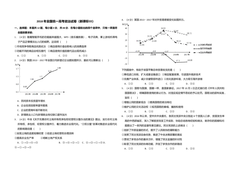 2018年全国统一高考政治试卷（新课标Ⅲ）（解析版）_全国卷+地方卷_9.政治_1.政治高考真题试卷_2008-2020年_全国卷_全国统一高考政治（新课标ⅲ）16-20_A3word版