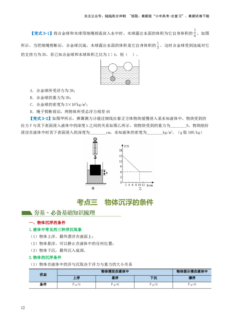 专题11浮力（3考点+8考向）（讲义）（原卷版）_02中考总复习（2026版更新中）_04-物理-中考总复习_2024年中考复习资料_一轮复习_配套讲义（原卷版+解析版）