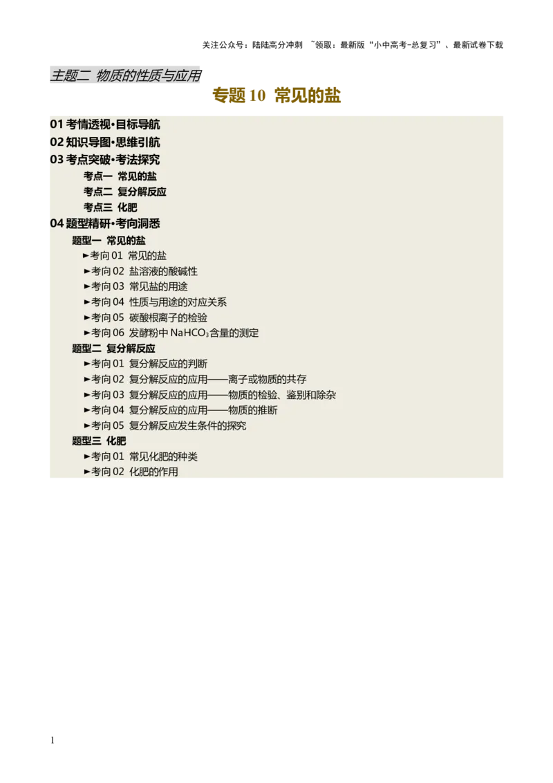 专题10常见的盐（讲义）（原卷版）_02中考总复习（2026版更新中）_05-化学-中考总复习_2025年中考复习资料_2025中考化学一轮复习讲义+课件_讲义_专题10常见的盐（讲义）