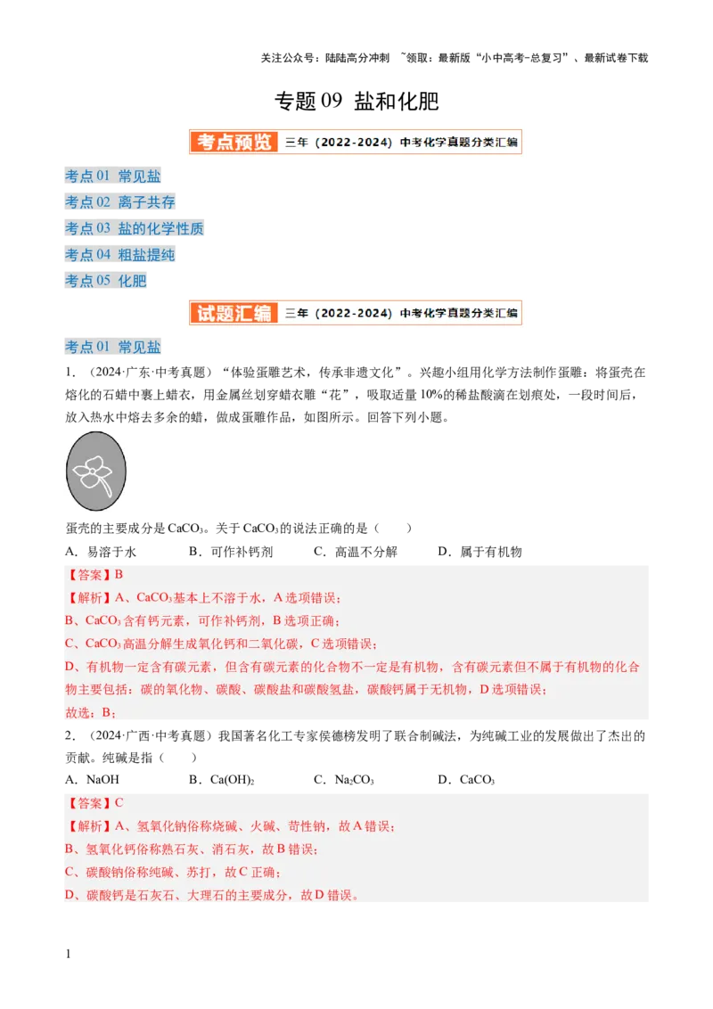专题09盐和化肥（解析版）-好题汇编三年（2022-2024）中考化学真题分类汇编（全国通用）_02中考总复习（2026版更新中）_05-化学-中考总复习_2025年中考复习资料