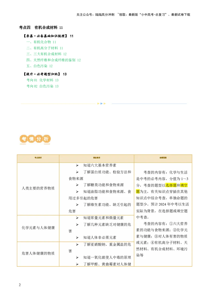 专题12化学与生活（讲义）-2024年中考化学一轮复习讲练测（全国通用）（原卷版）_02中考总复习（2026版更新中）_05-化学-中考总复习_2024年中考复习资料_一轮复习资料