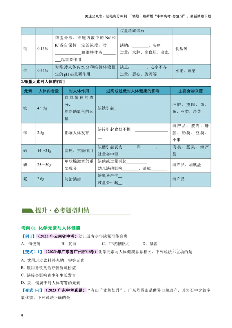 专题12化学与生活（讲义）-2024年中考化学一轮复习讲练测（全国通用）（原卷版）_02中考总复习（2026版更新中）_05-化学-中考总复习_2024年中考复习资料_一轮复习资料