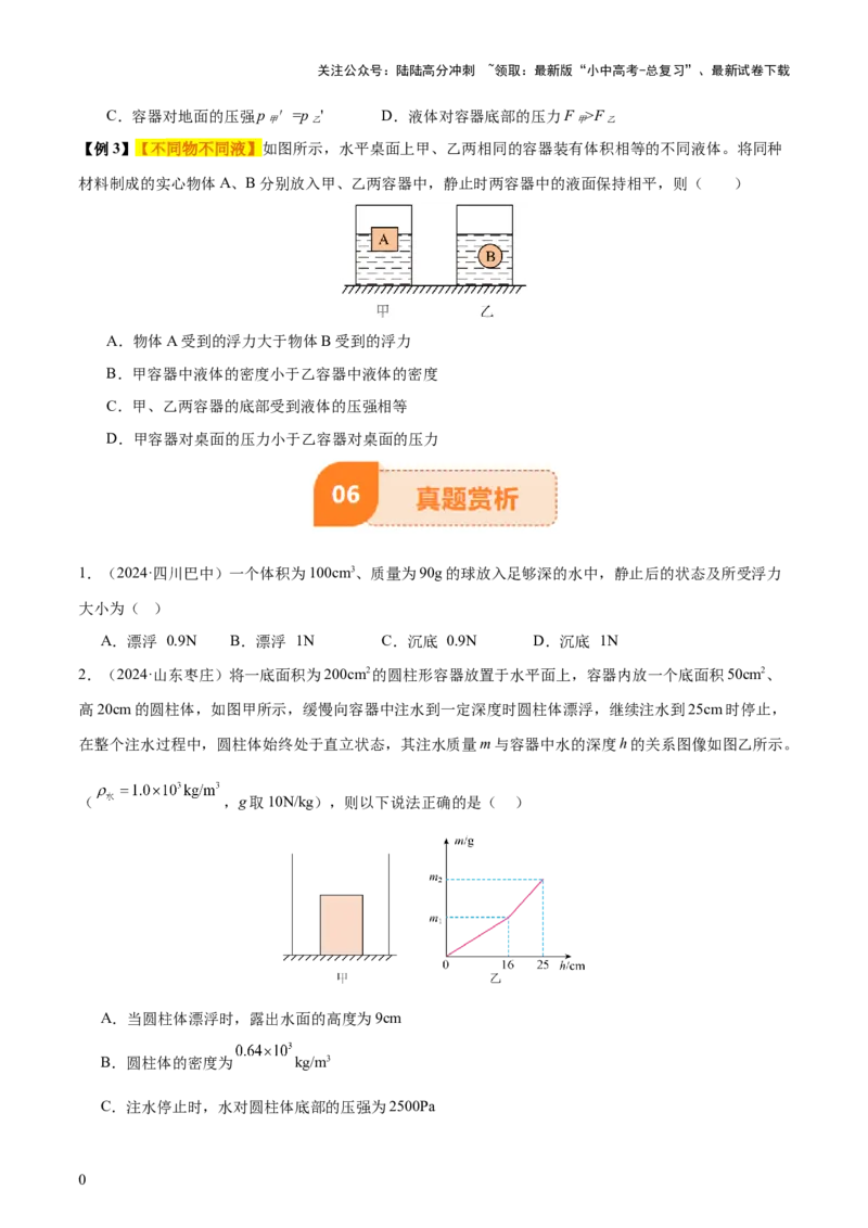 专题11浮力（4大模块知识清单+4个易混易错+7种方法技巧+典例真题精析）（原卷版）_02中考总复习（2026版更新中）_04-物理-中考总复习_2025年中考复习资料_2025年中考物理一轮知识梳理