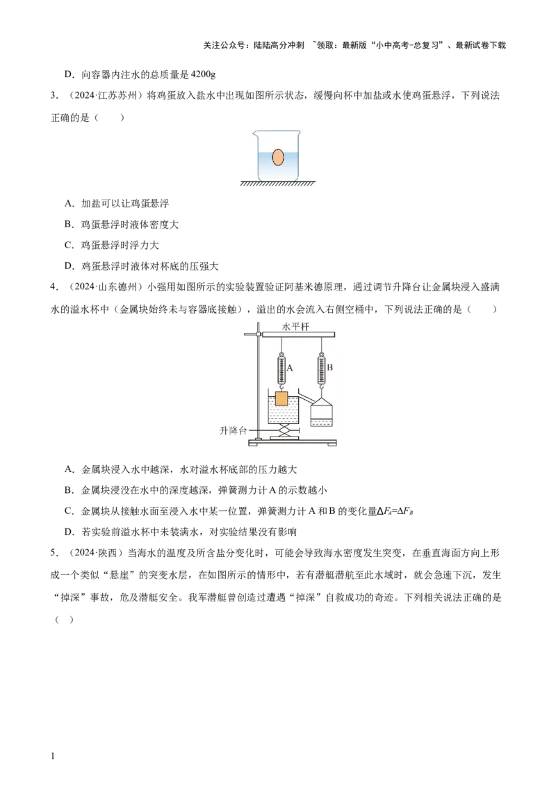 专题11浮力（4大模块知识清单+4个易混易错+7种方法技巧+典例真题精析）（原卷版）_02中考总复习（2026版更新中）_04-物理-中考总复习_2025年中考复习资料_2025年中考物理一轮知识梳理