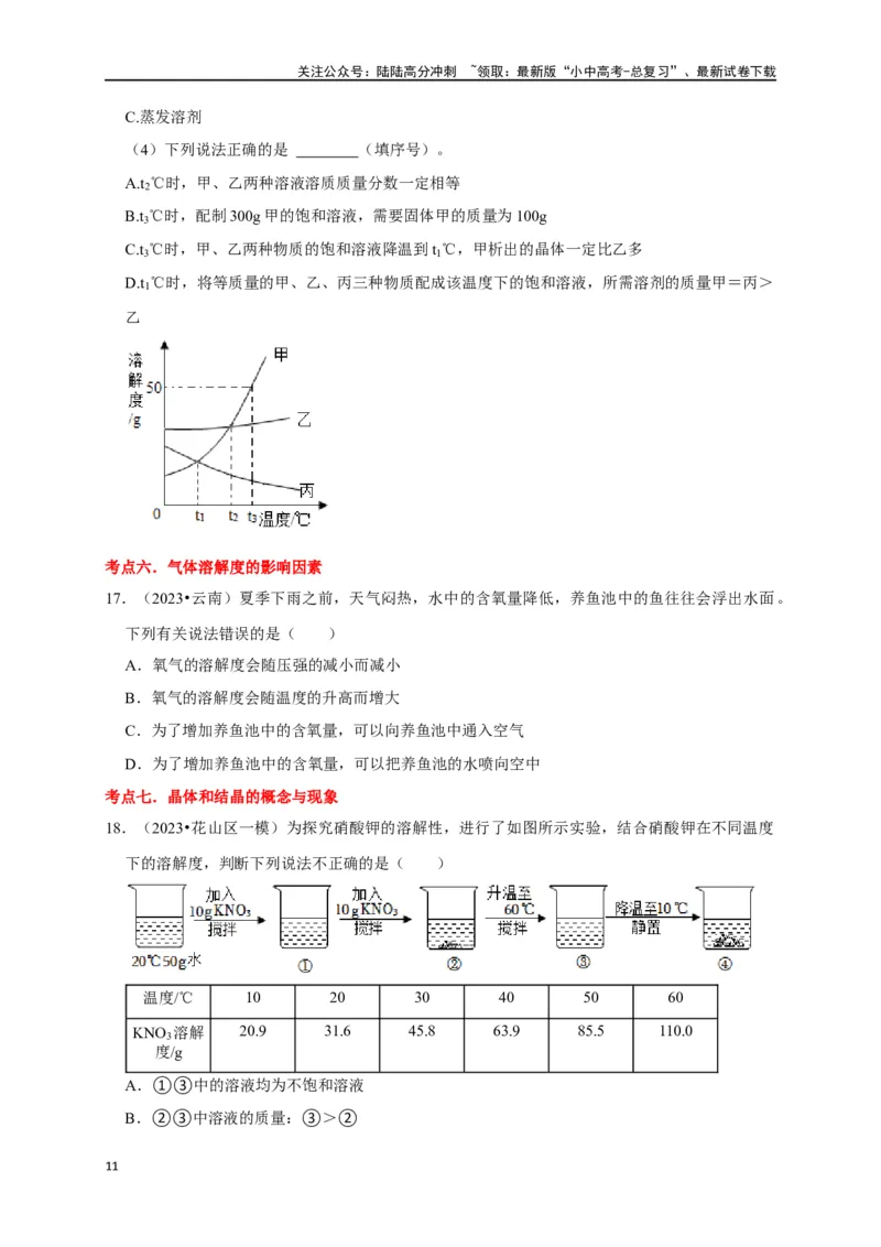 专题10溶液（原卷版）_02中考总复习（2026版更新中）_05-化学-中考总复习_2024年中考复习资料_一轮复习资料_完2024年中考化学复习考点一遍过（全国通用）
