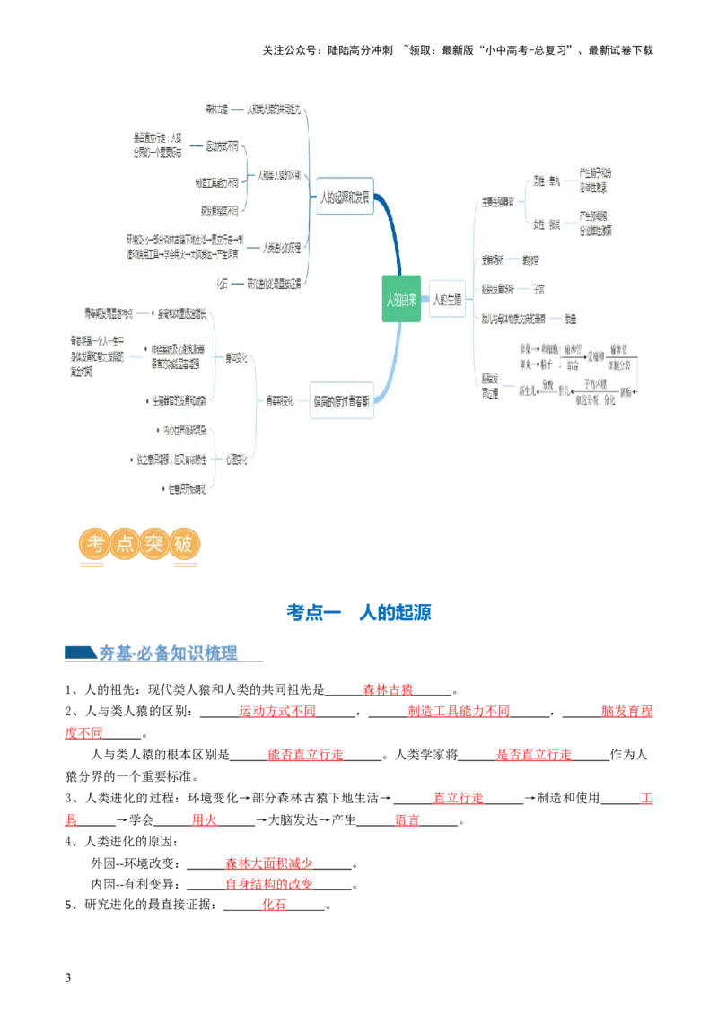 专题09人的由来（讲义）（解析版）_02中考总复习（2026版更新中）_08-生物-中考总复习_2024年中考复习资料_一轮复习_❤2024年中考生物一轮复习讲练测（全国通用）_讲义
