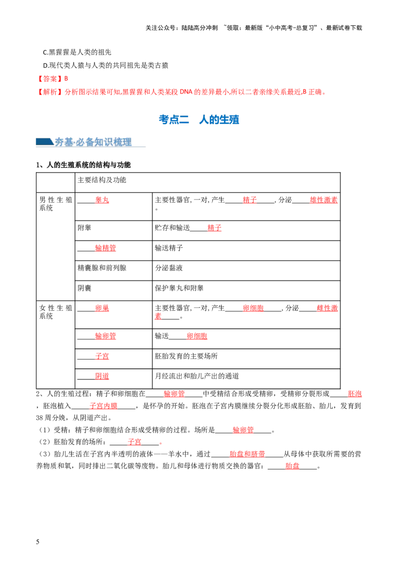 专题09人的由来（讲义）（解析版）_02中考总复习（2026版更新中）_08-生物-中考总复习_2024年中考复习资料_一轮复习_❤2024年中考生物一轮复习讲练测（全国通用）_讲义