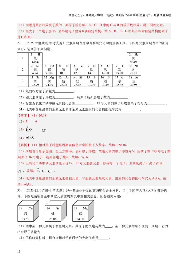 专题11认识化学元素（解析版）_02中考总复习（2026版更新中）_05-化学-中考总复习_2026年中考复习（更新中）_好题汇编三年（2023-2025）中考化学真题分类汇编（全国通用）