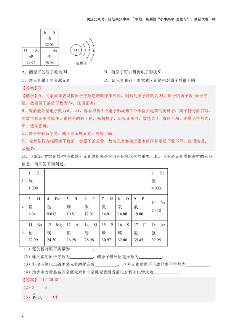 专题11认识化学元素（解析版）_02中考总复习（2026版更新中）_05-化学-中考总复习_2026年中考复习（更新中）_好题汇编三年（2023-2025）中考化学真题分类汇编（全国通用）