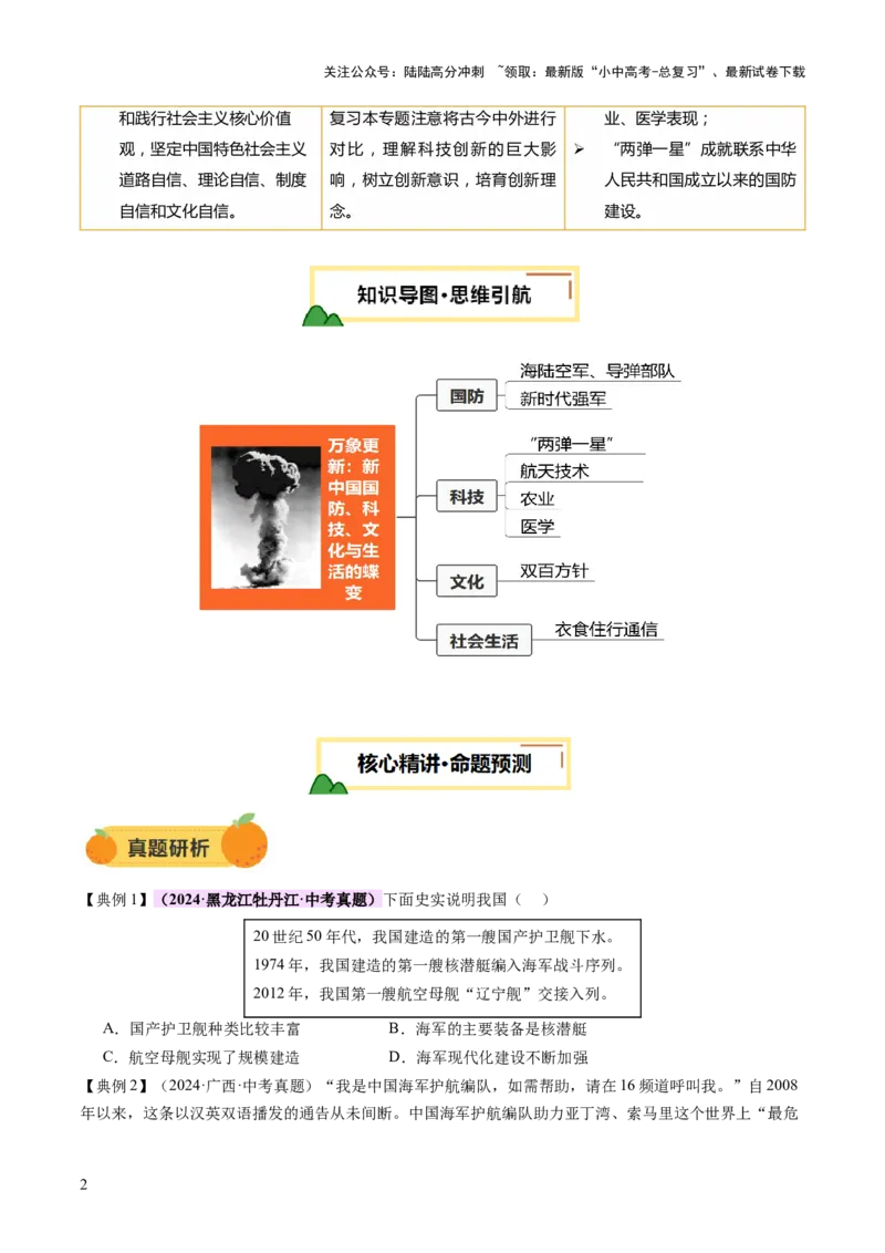 专题10万象更新：新中国国防、科技、文化与生活的蝶变（讲练）（原卷版）_02中考总复习（2026版更新中）_06-历史-中考总复习_2025年中考复习资料_2025中考二轮课件ppt+讲义+练习历史