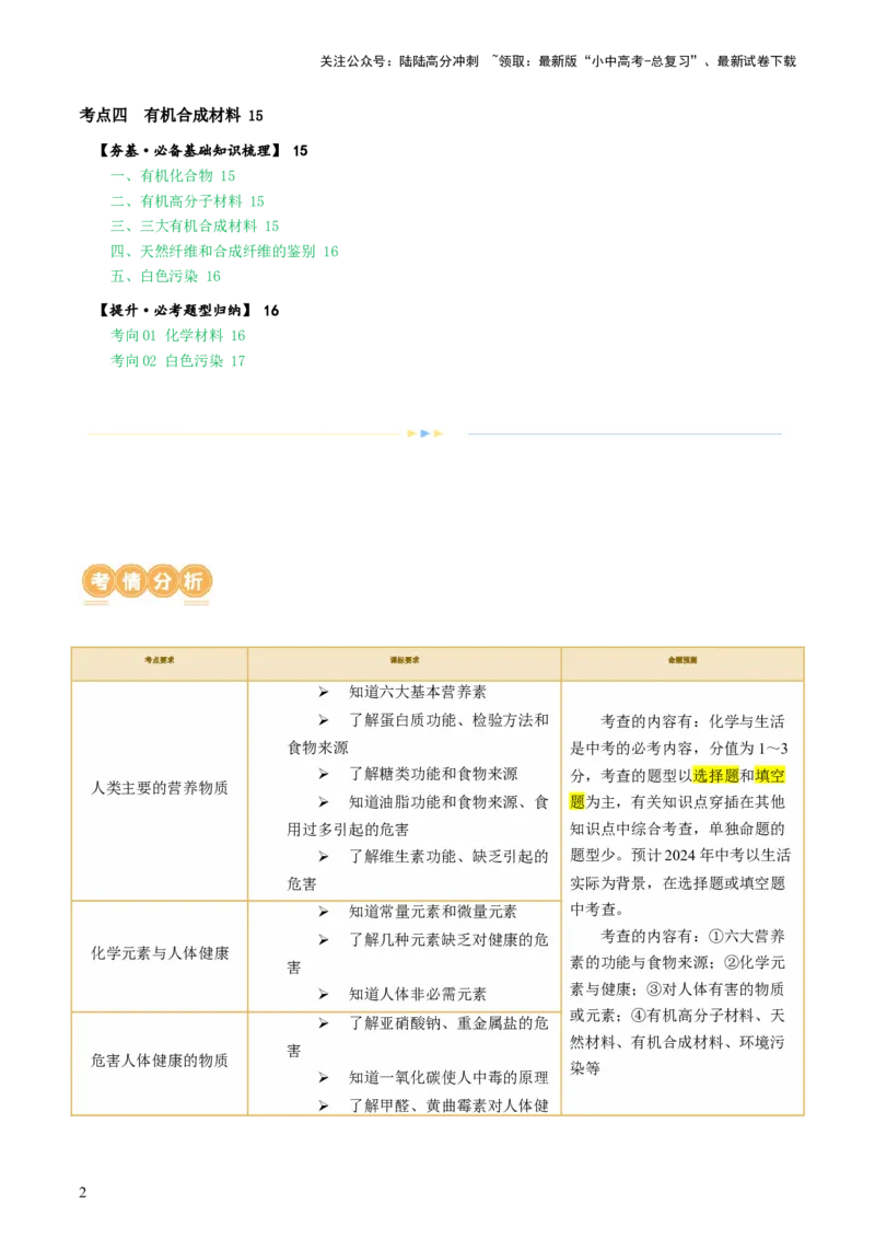 专题12化学与生活（讲义）-2024年中考化学一轮复习讲练测（全国通用）（解析版）_02中考总复习（2026版更新中）_05-化学-中考总复习_2024年中考复习资料_一轮复习资料