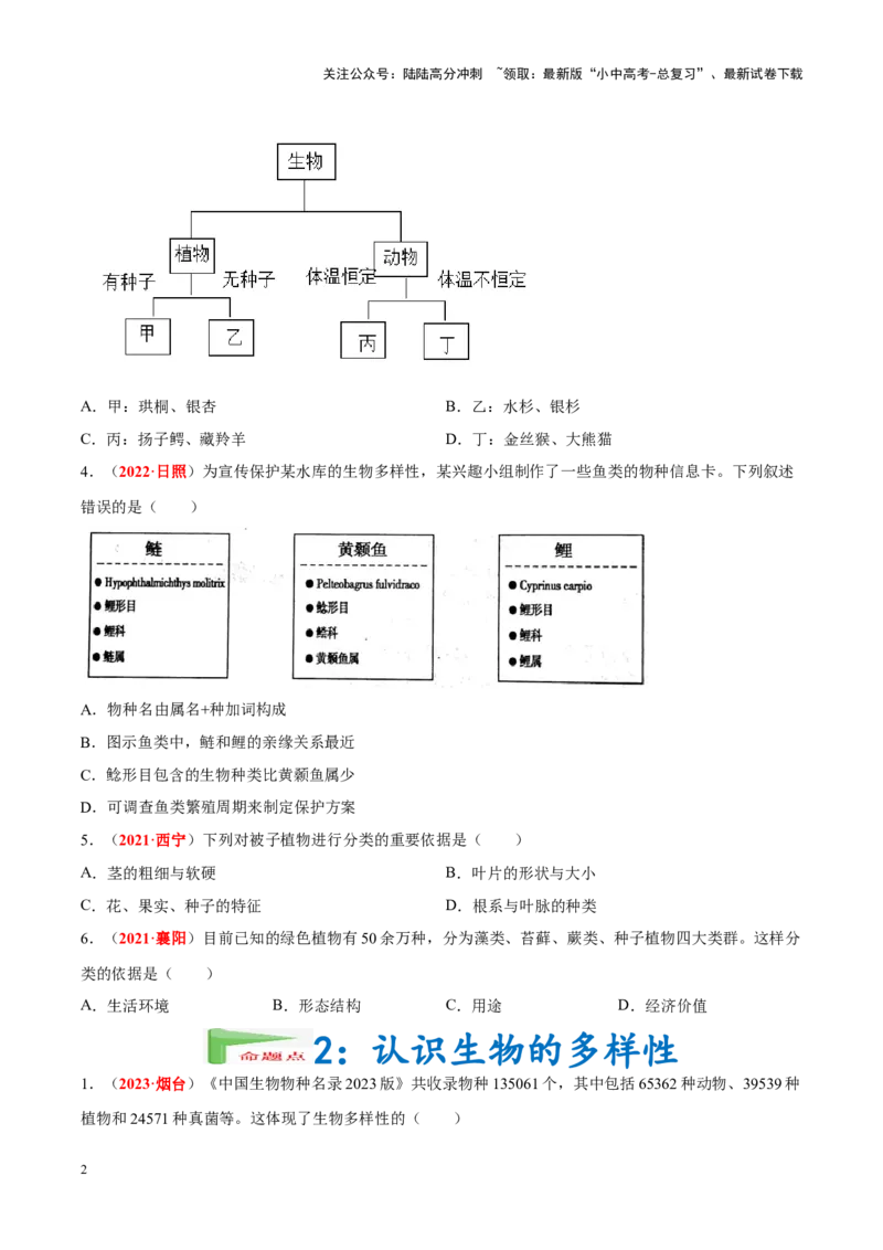专题11&nbsp;生物的分类、进化和多样性保护（原卷版）_02中考总复习（2026版更新中）_08-生物-中考总复习_2024年中考复习资料_专项复习