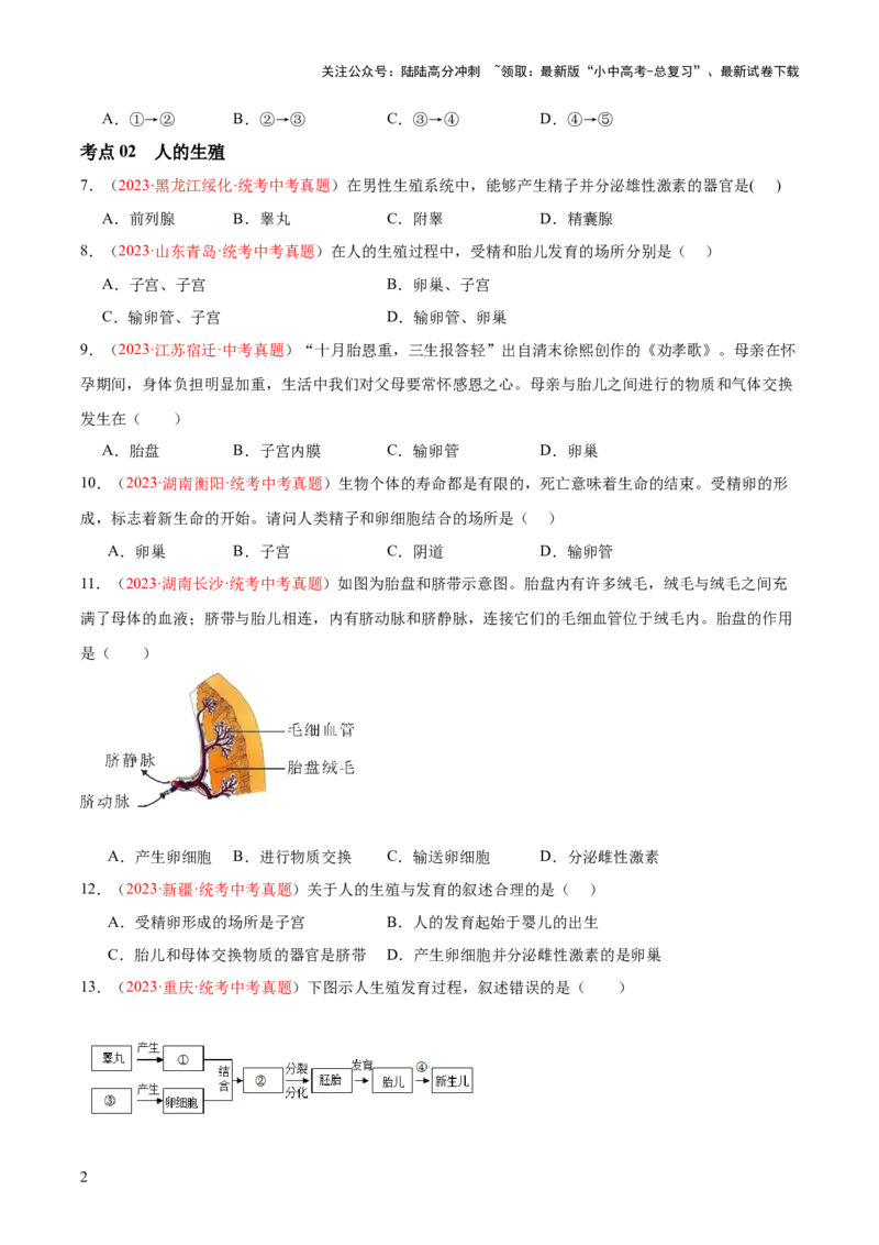 专题09人的由来（原卷版）_02中考总复习（2026版更新中）_08-生物-中考总复习_2024年中考复习资料_一轮复习_❤备战2024年中考生物一轮复习考点帮（全国通用）_练习