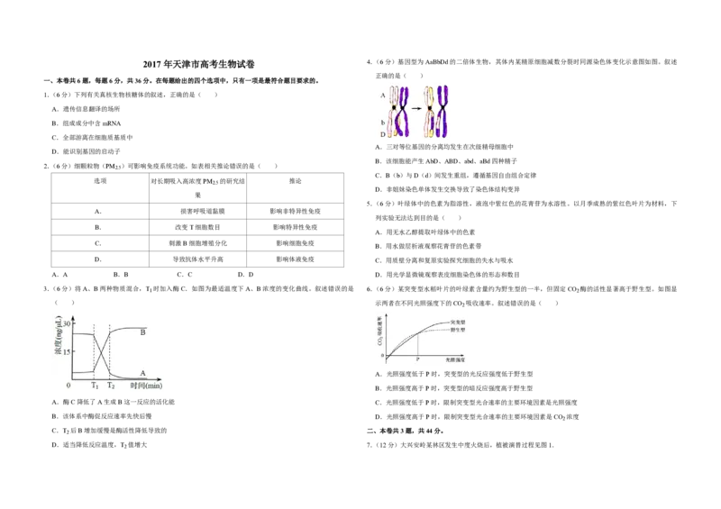 2017年天津市高考生物试卷_全国卷+地方卷_6.生物_1.生物高考真题试卷_2008-2020年_地方卷_天津高考生物07-21_A3word版_PDF版（赠送）