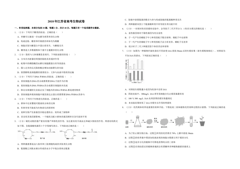 2018年江苏省高考生物试卷_全国卷+地方卷_6.生物_1.生物高考真题试卷_2008-2020年_地方卷_江苏高考生物07-20_A3word版