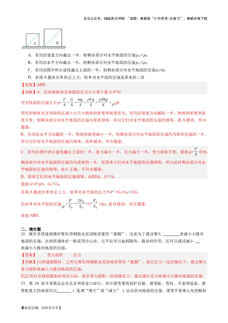 专题10压力与压强（解析版）_02中考总复习（2026版更新中）_04-物理-中考总复习_2024年中考复习资料_一轮复习_完备战2024年中考物理一轮复习考点帮（全国通用）