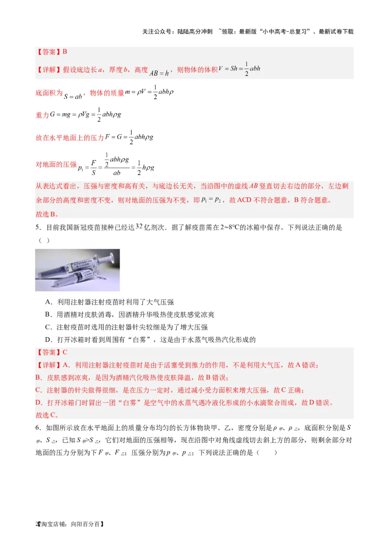 专题10压力与压强（解析版）_02中考总复习（2026版更新中）_04-物理-中考总复习_2024年中考复习资料_一轮复习_完备战2024年中考物理一轮复习考点帮（全国通用）