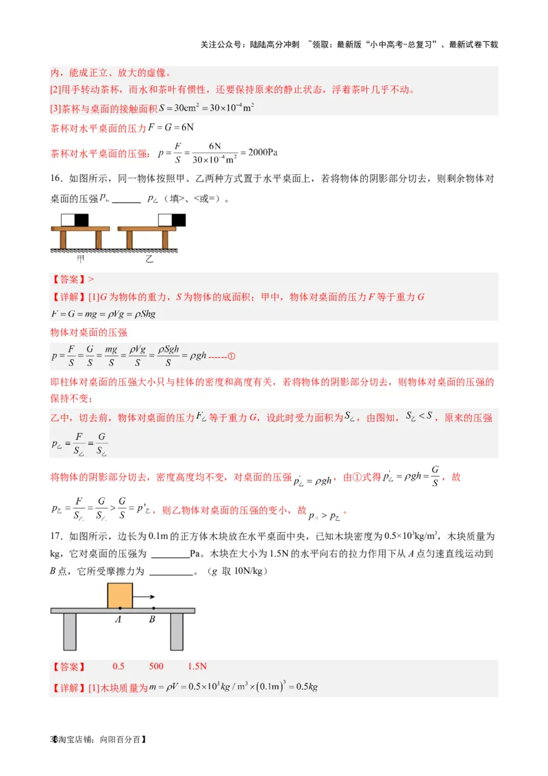 专题10压力与压强（解析版）_02中考总复习（2026版更新中）_04-物理-中考总复习_2024年中考复习资料_一轮复习_完备战2024年中考物理一轮复习考点帮（全国通用）