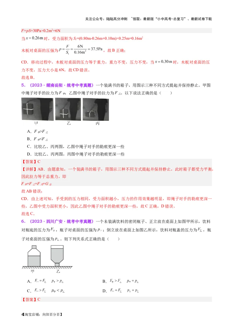 专题10压力与压强（解析版）_02中考总复习（2026版更新中）_04-物理-中考总复习_2024年中考复习资料_一轮复习_完备战2024年中考物理一轮复习考点帮（全国通用）