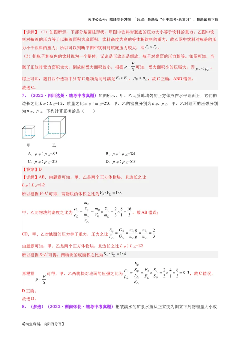 专题10压力与压强（解析版）_02中考总复习（2026版更新中）_04-物理-中考总复习_2024年中考复习资料_一轮复习_完备战2024年中考物理一轮复习考点帮（全国通用）