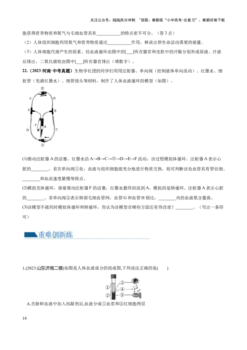 专题12人体内物质的运输（练习）（原卷版）_02中考总复习（2026版更新中）_08-生物-中考总复习_2024年中考复习资料_一轮复习_❤2024年中考生物一轮复习讲练测（全国通用）_练习