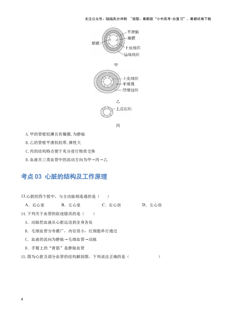 专题12人体内物质的运输（练习）（原卷版）_02中考总复习（2026版更新中）_08-生物-中考总复习_2024年中考复习资料_一轮复习_❤2024年中考生物一轮复习讲练测（全国通用）_练习
