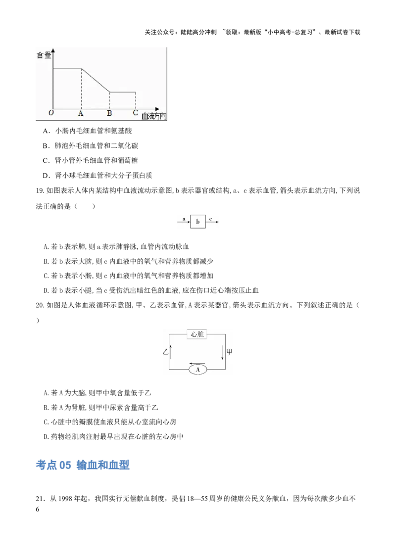 专题12人体内物质的运输（练习）（原卷版）_02中考总复习（2026版更新中）_08-生物-中考总复习_2024年中考复习资料_一轮复习_❤2024年中考生物一轮复习讲练测（全国通用）_练习